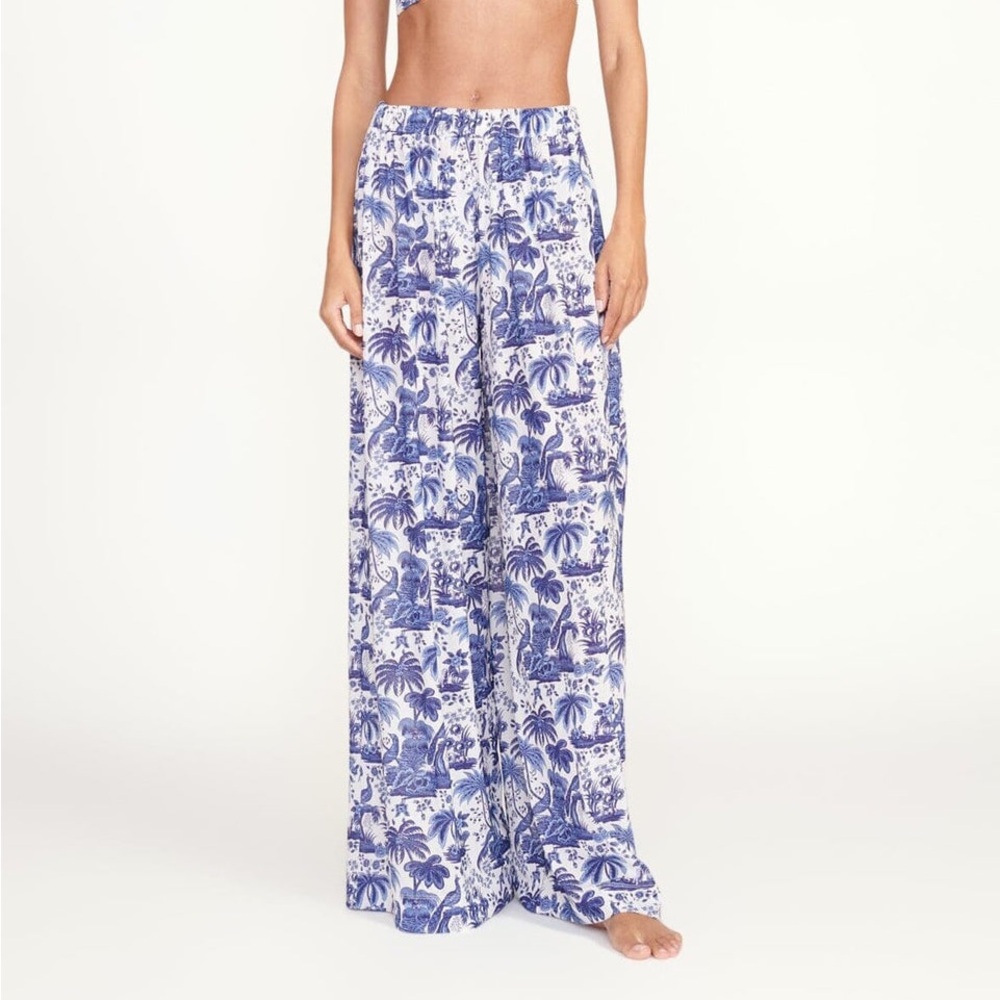 STAUD Blue and White Wide-Leg Printed Pants